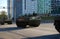 The Russian landed Shell BTR-MDM floating armored personnel carrier goes around the city.