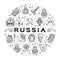 Russian line icons circle infographics. Russian traditional symbols - flag, food, matryoshka doll, vodka, samovar