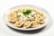 Russian meat dumplings pelmeni. Boiled dumplings with greenery dill and sauce. Cooking dough products with meat