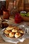 Russian meat piroshki. Traditional hand mini pies on wooden background