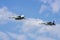 Russian MiG-29 multirole fighter jet and NATO-Fulcrum MiG-35 fighter jet demonstrate aerial refueling over airfield of Gromov