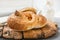 Russian national bread Kalach on a wooden background. National bread products