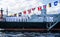 Russian Naval sailors on parade on board a Russian Warship in the River Neva in St Petersburg, Russia