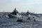 Russian Navy Battleships with passenger boats on Neva River