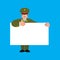 Russian Officer holding banner blank. Soldier and white blank. t