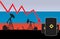 Russian oil price fall on oil pump field and Russian flag background