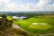 Russian open space. field, forest, sky, road. golf course top view