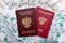 Russian passport, International passport and ruble banknotes