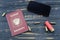 Russian passport on the table and ammunition