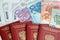 Russian passports, boarding pass and money