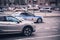 Russian police car in the Moscow streets. Toyota Camry in motion on urban road with blurred background. White road police car with