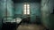 Russian Prison Cell: Dark Cyan And Beige Bed, Chair, And Wall