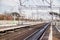 Russian railway. Spring railway. Rails and sleepers. Supports contact network