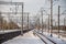 Russian railway. Spring railway. Rails and sleepers. Supports contact network