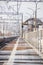 Russian railway. Spring railway. Rails and sleepers. Supports contact network