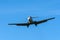 Russian regional jet Yakovlev Yak-40K - three-engined jet airliner, passenger commuter trijet in flight against blue sky in cloudl