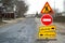 Russian road closed and diversion signs. Another way. Road works. Do not cross in