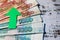 Russian rouble banknotes with green arrow grow up economics stock exchange