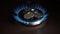 Russian ruble coins on the gas stove burner. Russian ruble on burning gas. The concept of the price for Russian gas in Europe. Pay