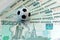 Russian rubles and soccer ball. The concept of costs and revenues for the World Cup, fans, footballers and coaches, sports betting