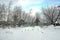 Russian rural houses in strong cold winter