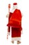 Russian Santa Claus with a bag of gifts behind his back. Back view. Isolated over white background.