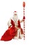 Russian Santa Claus with a bag of gifts sits. Isolated over white background.
