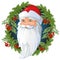 Russian Santa Claus Head inside a wreath of spruce and rowan twigs, leaves and berries of mountain ash. Cartoon