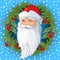 Russian Santa Claus Head inside a wreath of spruce and rowan twigs, leaves and berries of mountain ash. Vector cartoon