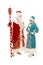 Russian Santa Claus with a snow maiden are standing, turning to face each other. Isolated over white background.