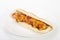 Russian Sausage Hot Dog with Mustard and Tomato Sauce