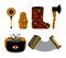 Russian souvenir set Khokhloma painting. Russia traditional national symbols. Spoon and matryoshka. Decorative Valenok and