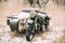 Russian Soviet Military Warfare Of WW2 Time. Red Army Old Tricar, Three-Wheeled Motorbike Of World War II Time In Winter