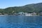 Russian St. Panteleimon`s Orthodox monastery on the Mount Athos, Holy Mountain, Halkidiki, Greece. View from the sea.