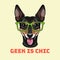 Russian Toy Terrier geek. Smart glasses. Geek is chic text. Vector.