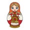 Russian traditional nest doll Matrioshka with earthenware jug for kvass and pies outline for coloring on a white