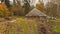 Russian village in autumn. Cloudy weather and shooting from low altitude. Aerial little view.