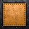 Rust metal with rivets in the shape of a square in the center on black metal background. 3d