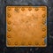 Rust metal with rivets in the shape of a square in the center on black metal background. 3d