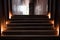 Rust staircase with lighting in abandoned metallic corridor and door opening