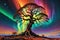 Rust-Tinged Robotic Tree Reaching Towards a Sky Streaked with Technicolor Auroras, Roots Intertwined