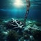 A rusted anchor and chain dragging along the ocean floor.