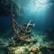 A rusted anchor and chain dragging along the ocean floor.