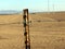 Rusted barb wire fence with a background of a dry, tilled field.