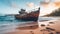 A rusted boat sitting on top of a sandy beach. Generative AI image.