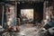 rusted and broken old garage with piles of debris, brick walls and metal doors