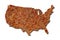 Rusted corroded metal map of US on white
