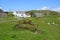 Rusted farm implements and houses