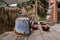 Rusted kettle and chipped bowls on table,China