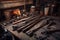 rusted metal pipes and tools on the floor of an old garage